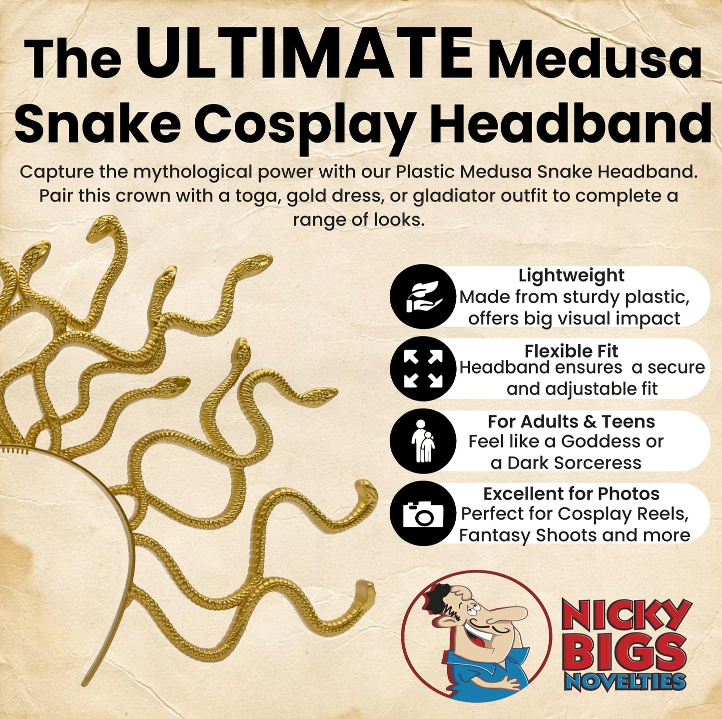 Nicky Bigs Novelties Medusa Snake Headband Greek Goddess Headdress Crown Cosplay Accessory for Women Gold or Bronze Medusas Snakes Headpiece Hat Costume – Lightweight Adult