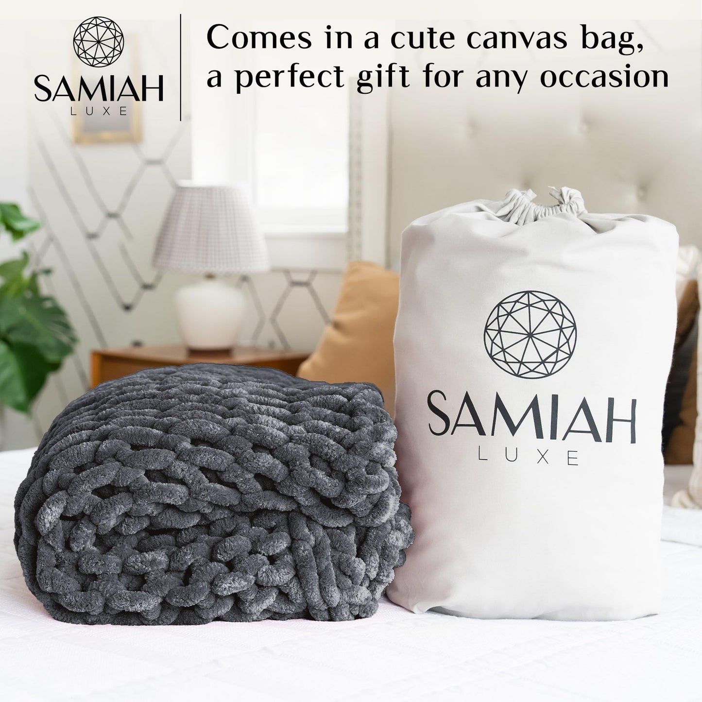 SAMIAH LUXE Chunky Knit Throw Blanket 50x70, Graphite Gray Chenille Throw Blanket for Couch Bed Sofa, Soft Fluffy Cable Knit Blanket, Oeko-TEX Certified, Machine Washable