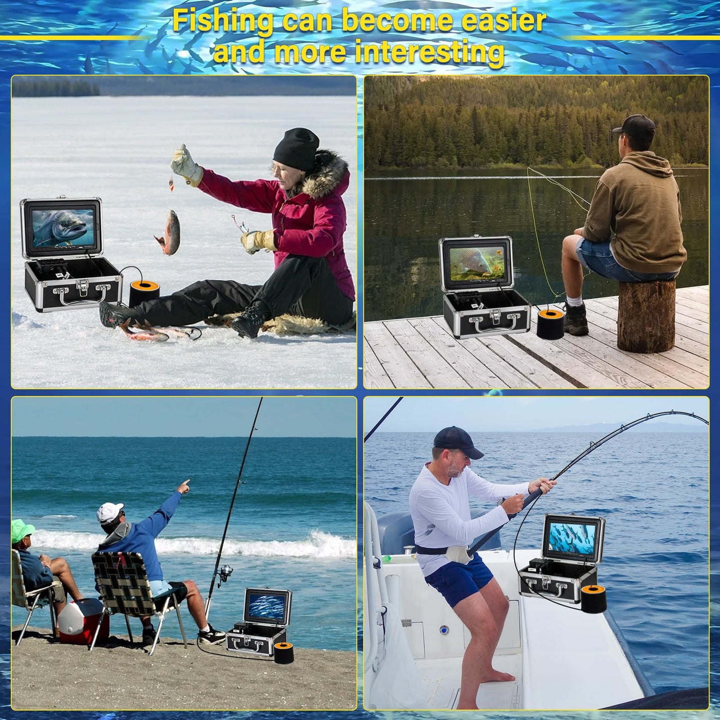 HD Underwater Fishing Camera 164FT,JQKJCAM Waterproof IP68 Fish Finder with 18 IR+18 White Lights,7‘’ 1080P DVR Monitor,4500mAh Battery,Under Water Cameras for Fishing(50M)