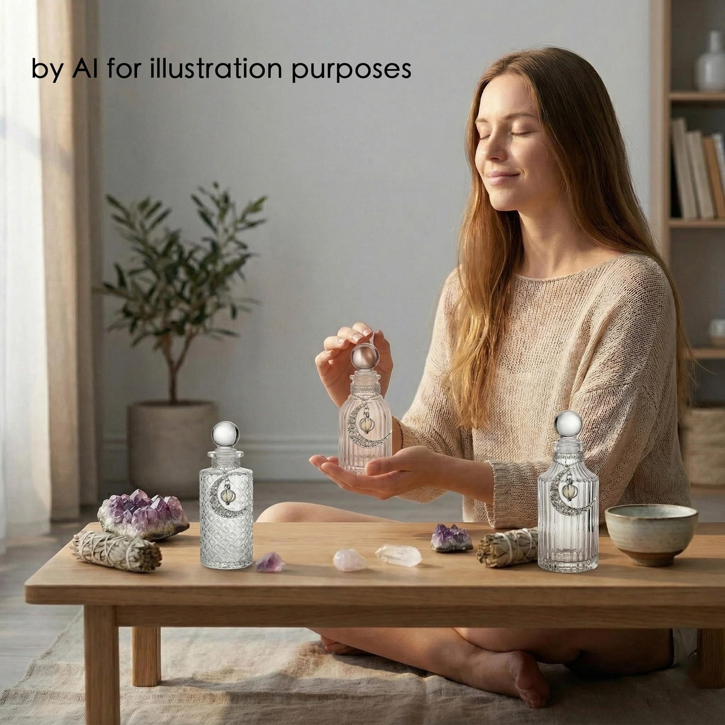 Moon Energy Glass Bottle Set with 3 Luminous Moon Pattern Necklace, Airtight Glass Jars for Crystal Cleansing, Rituals & Altar Decor Meditation Witchcraft with Leak-Proof Silicone Stopper