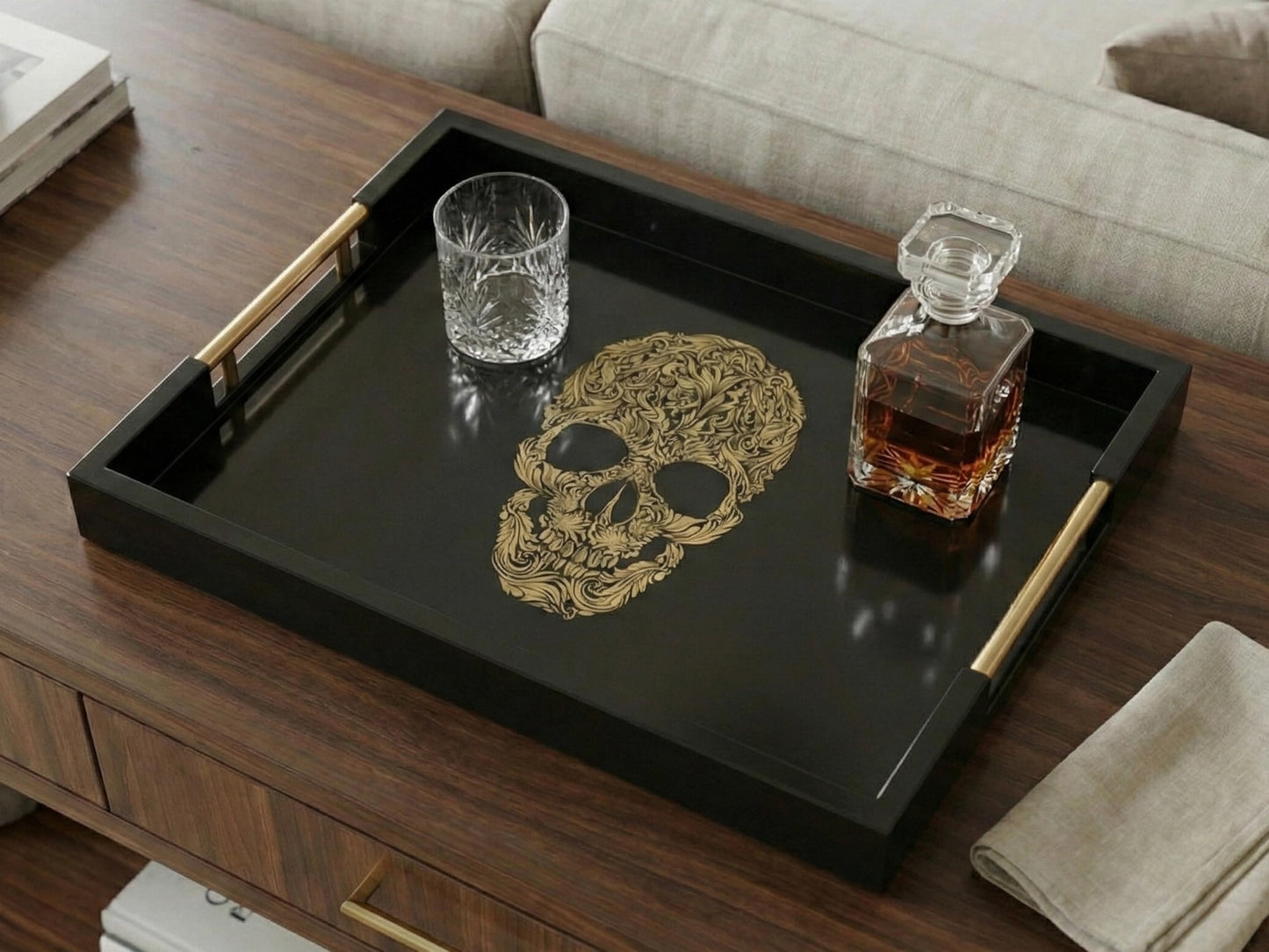 Gothic Skull Serving Tray with Gold Handles ā Black Gloss Wooden Ottoman Tray for Coffee Table, Bar, or Kitchen ā Elegant Gothic Decor & Unique Gift for Halloween, Horror & Alternative Style Lovers