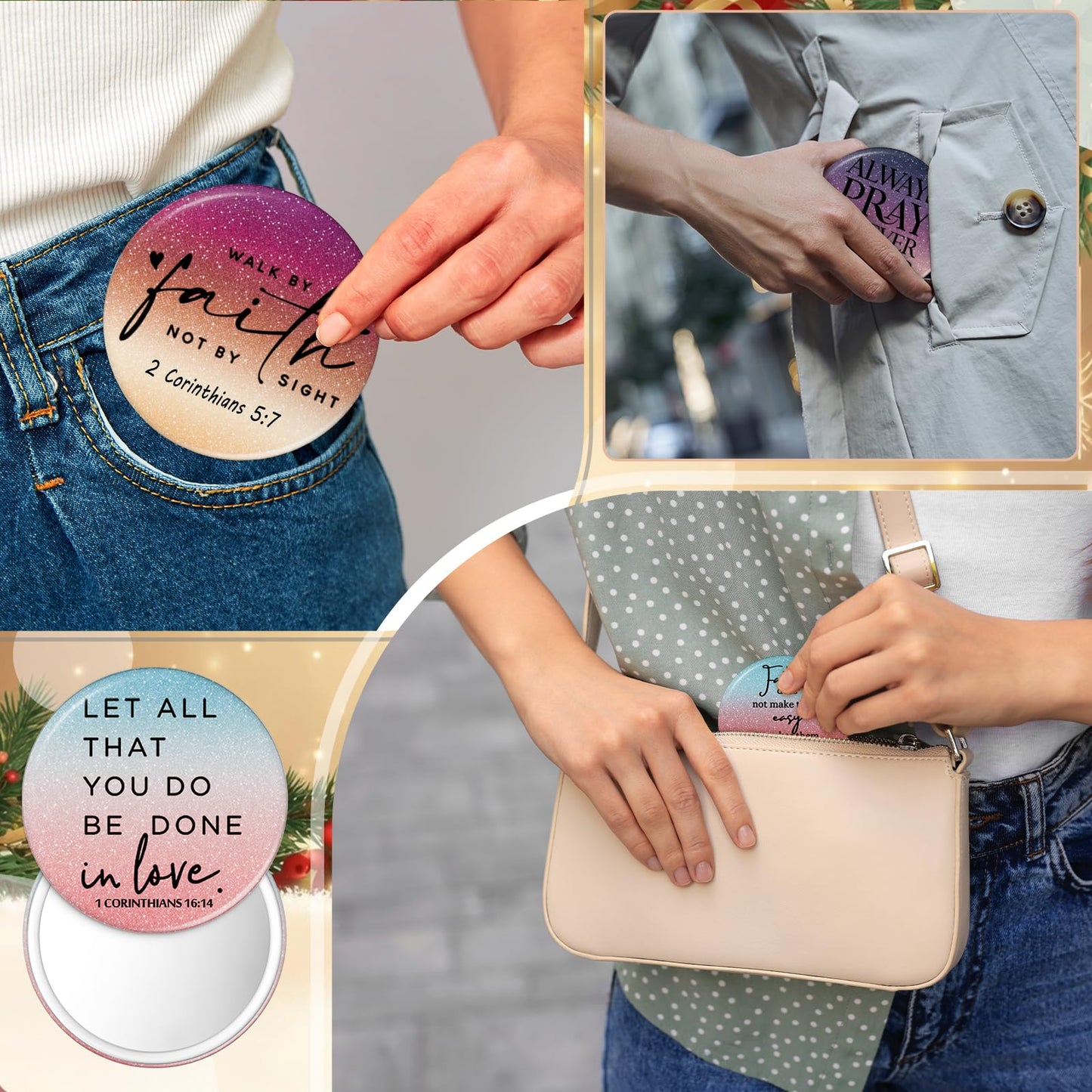 GlikCeil 40 Pcs Mother's Day Christian Gift Bulk Christian Compact Mirror for Women Inspirational Bible Verse Pocket Mirrors Mini Purse Makeup Mirror Religious Church Gift for Women Mom Church VBS