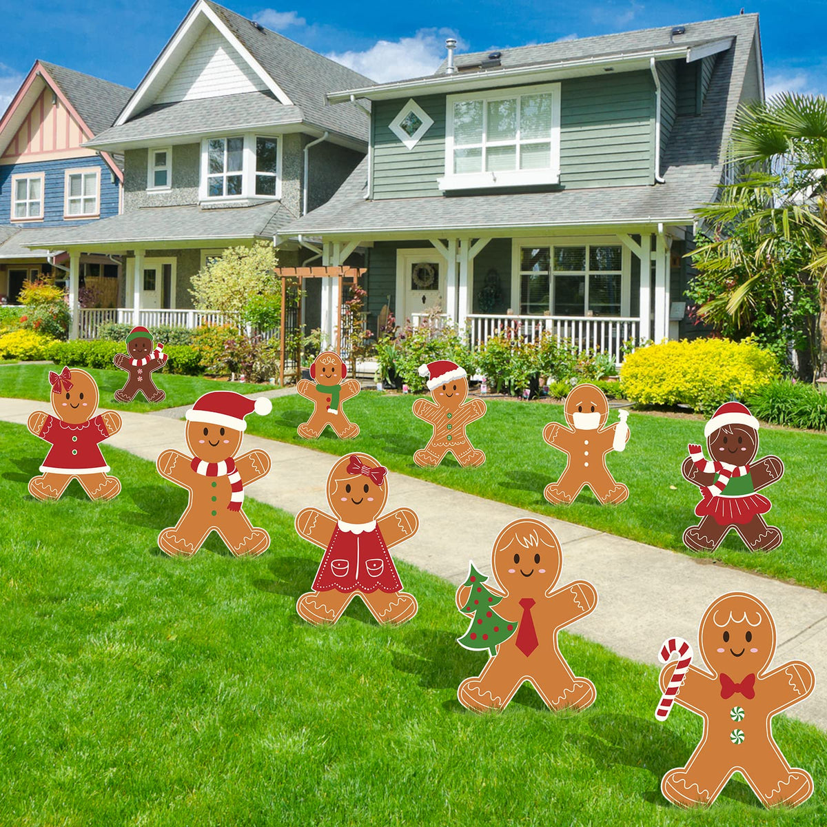 AnyDesign 10Pcs Christmas Yard Signs with Stakes - Gingerbread Man and Other Holiday Designs for Lawn, Patio, Pathway Decor
