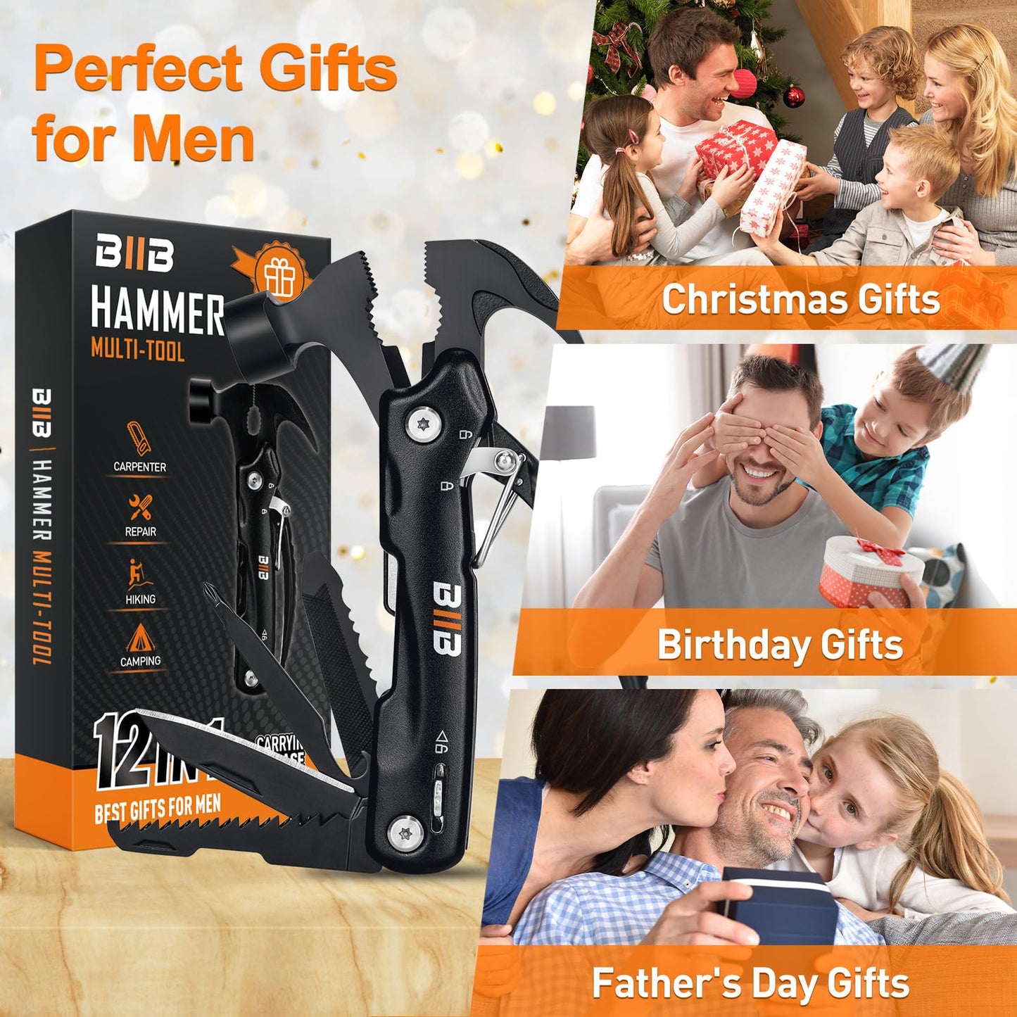 BIIB Gifts for Men, 12 in 1 Hammer Multitool, Fathers Day Mens Gifts for Husband Dad, Anniversary Birthday Gifts for Men, Fathers Day Dad Gifts from Daughter Son, Camping Essentials Survival Gear Tool