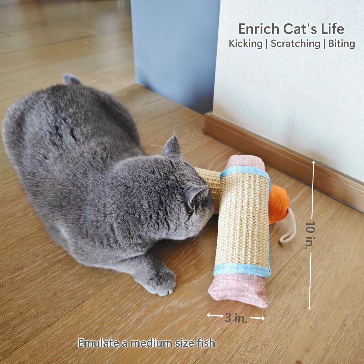 FuneeTop Cat Kicker Toy, 10 Inch Long Cat Scratcher Post, Natural Sisal Toy for Indoor Cats(Oranger and Silver)