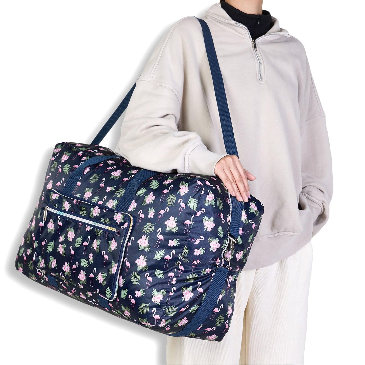Arxus Large Foldable Duffel Tote Carry on Weekend Overnight Travel Bag Over Luggage with Shoulder Strap (Blue Flamingo)