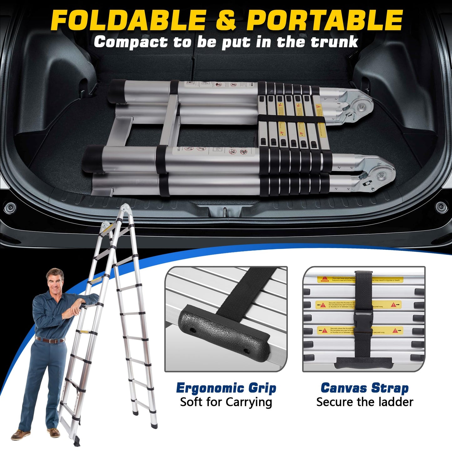 16.5 FT A-Frame Telescoping Ladder,8+8 Step Ladder,330LBs Load Capacity,Portable Extension Ladder Multi-Purpose Collapsible for Stairs Home Indoor Outdoor Roof (Silver, 5M(2.5m+2.5m)/16.5FT A Frame)