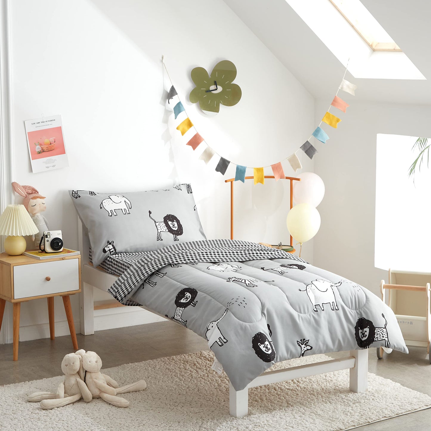 Flysheep 4 Piece Gray Grey Toddler Bedding Set with Multi Animals Printed for Baby Boys - Includes Quilted Comforter, Flat Sheet, Fitted Sheet & Pillow Case, Soft & Comfortable Microfiber