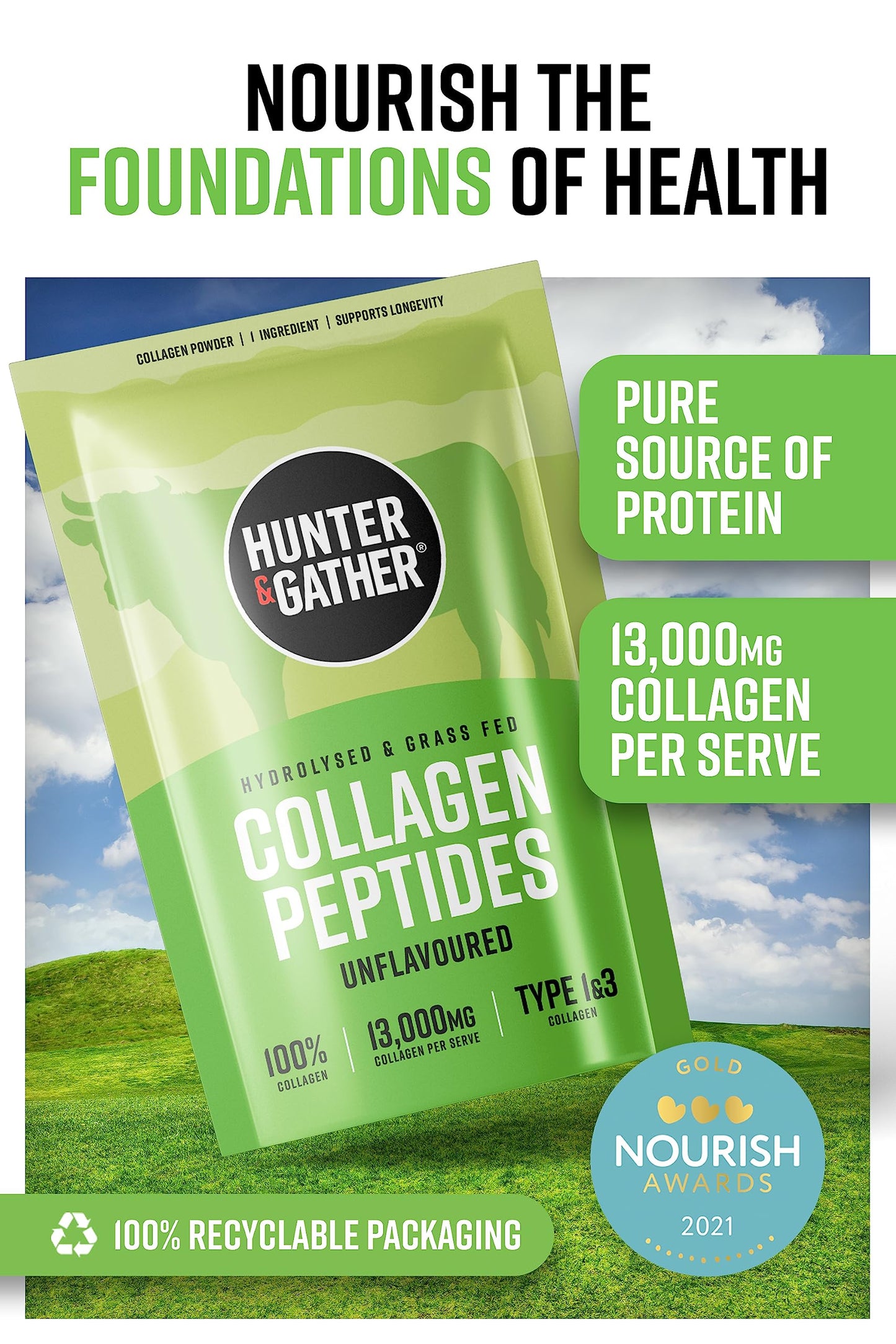 Hunter & Gather Grass Fed Bovine Collagen Powder 400g | Pure Unflavoured Premium Hydrolysed Bovine Collagen Peptides Powder for Hair Skin Nails Muscles | Collagen Supplements for Women and Men