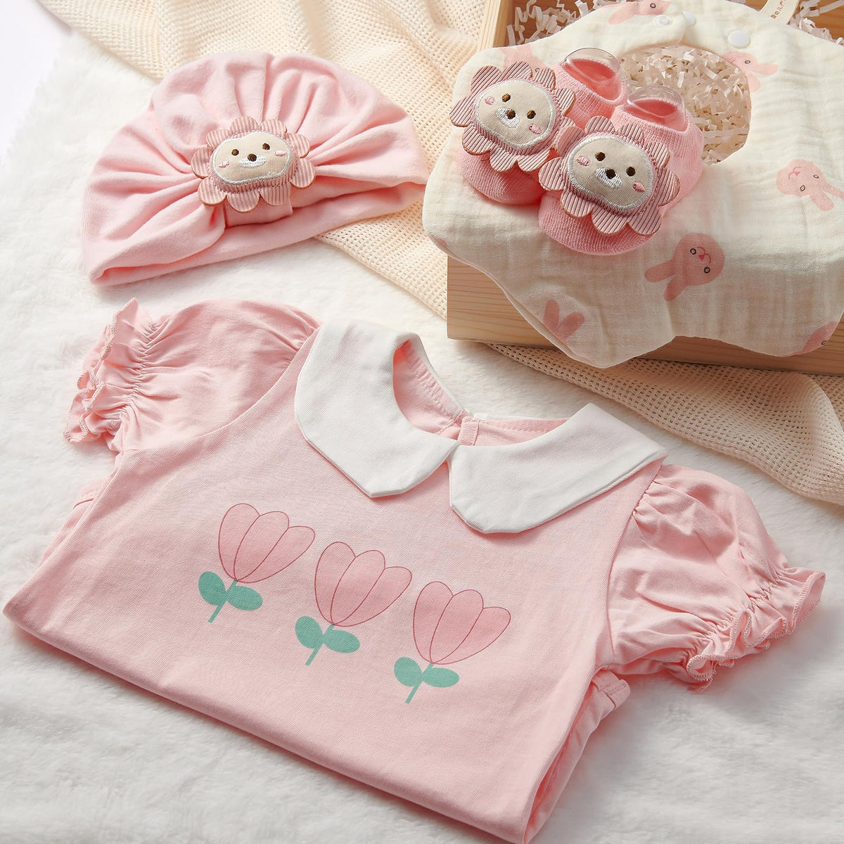 TUZT Wooden Baby Girls Gift Set, Baby Shower Gifts for Girls, Unique Newborn Essential Stuff with Blanket Onesies Lovey Bib and Socks, Gender Reveal Ideas Infant Welcome Baby Girl Shower Party
