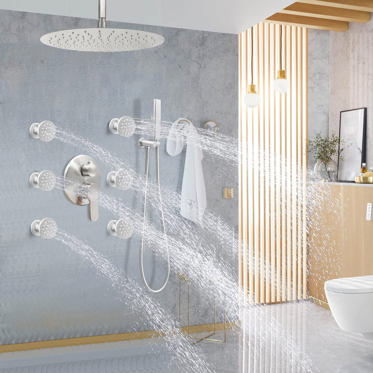 (Upgrade) Backnets Solid Brass Shower Body Spray with On Off Round Massage body jets Wall Mount Spa Jet Shower Heads, 2 inch Shower Body Sprayers Brushed Nickel, Rotating Shower Jet Water Flow Control