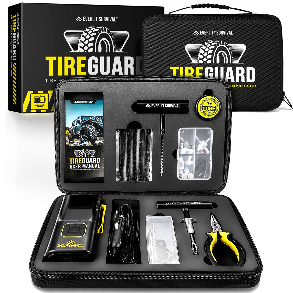 EVERLIT All-in-One Tire Repair Kit with Air Compressor – 150 PSI Portable Cordless Tire Inflator & Plug Kit – Flat Tire Emergency Roadside Kit for Car, SUV, Truck & Motorcycle Fast Repair & Inflation