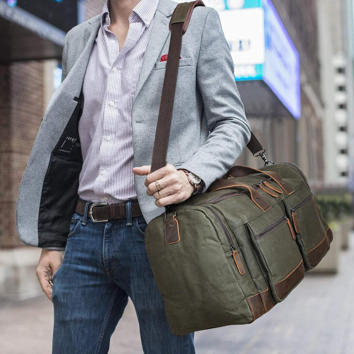 Polare 23” Waxed Canvas Cowhide Leather Waterproof Travel Duffel Bag Trim Luggage Weekender Overnight Carry on Hand Bag