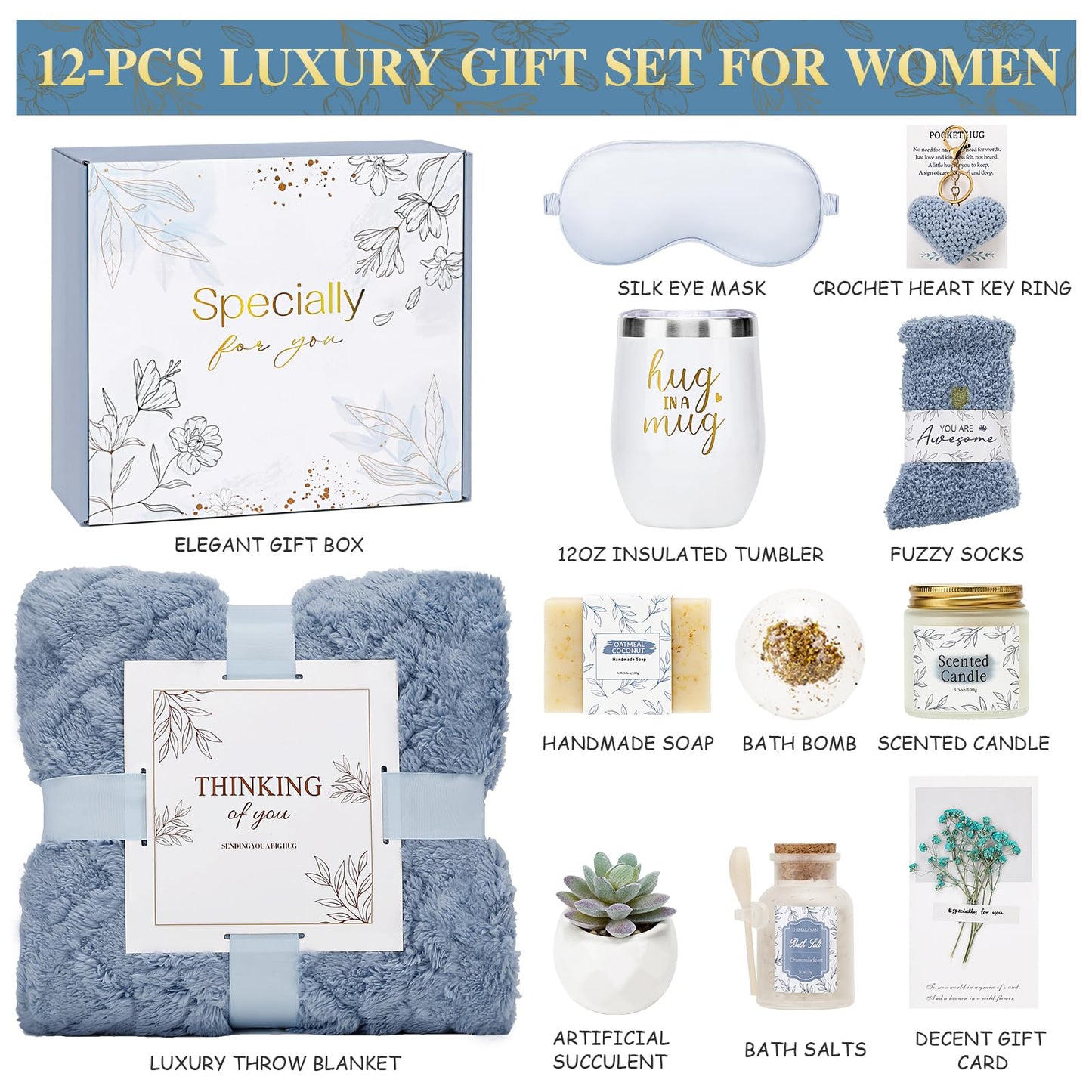 CuriBox Get Well Gifts for Women Self Care Gifts Basket - Relaxing Spa Care Package After Surgery Feel Better Sympathy Mothersday Birthday Gift for Her Mom Sister Friend Wife (Blue)