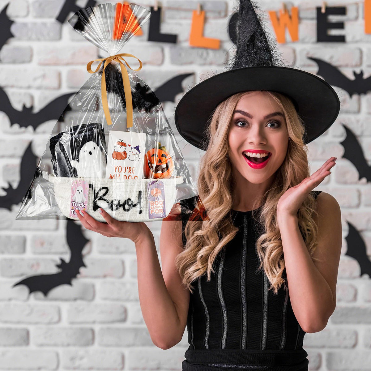 Reallnaive Halloween Boo Gift Basket Set with Handles Include Woven Basket Gift Bags and Ribbons 1 Boo Thank You Cards with White Envelope for Halloween Trick or Treat Party Favor Supplies(Orange)