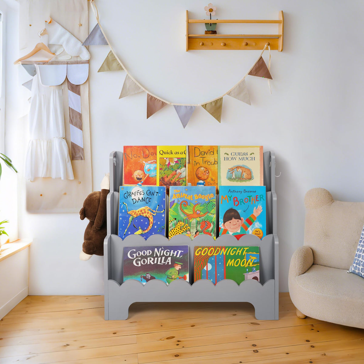 Tohiasen Kids Bookshelf Wooden 3-Tier, Scalloped Book Shelf for Kids Rooms, Front Facing Toddler Montessori Bookshelf, Baby Nursery Book Shelves Kid Classroom Book Shelf Bookcase