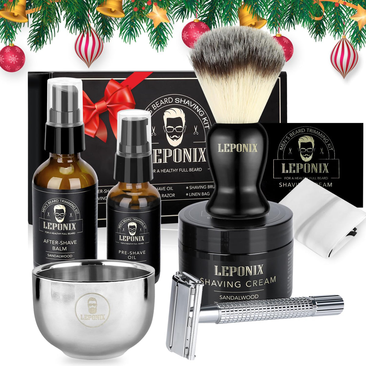Shaving Kit for Men - The Ultimate Secret Santa Gift Set, Includes Safety Razor, Sandalwood Shaving Cream, Aftershave, Pre Shave Oil, Brush, Bowl & Apron Bib - Unique Gifts Set for Him Husband Dad