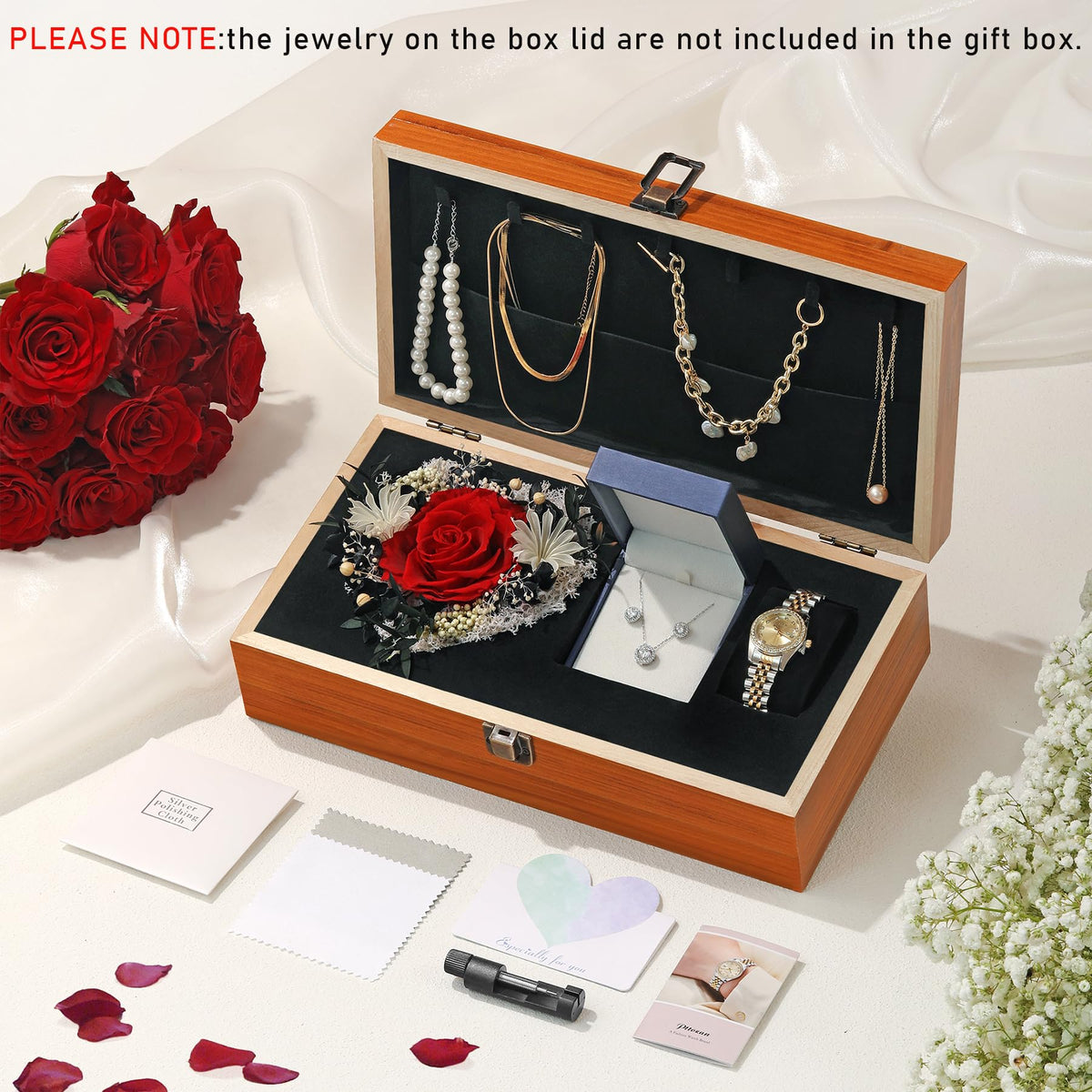 Birthday Gifts for Women-Preserved Roses Jewelry Set 925 Sterling Silver Necklace Earrings,Watches for Women,Wooden Jewelry Organizer-Mother’s Day, Anniversary,Thanksgiving,Christmas,Graduation Gifts (interior and LOVE words)