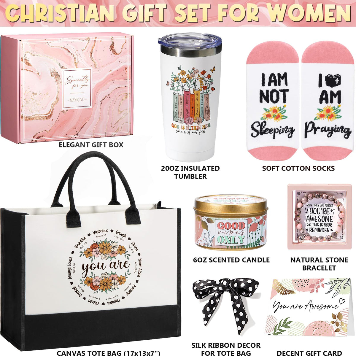 Christian Gifts for Women Faith, Inspirational Religious Gifts for Women, Catholic Spiritual Gift Basket, Unique Mothers Day Birthday Gifts for Women Mom Sister Friends Wife Grandma w/Canvas Tote Bag
