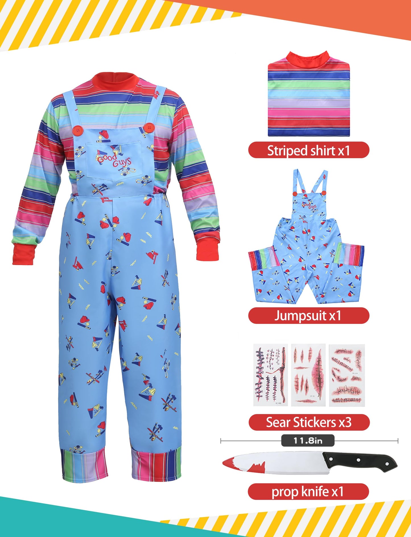 KUGVDI Halloween Chucky Costume for Kids Adult Good Guys Doll Child’s Play Cosplay Jumpsuit Includes Tattoo Scars and Prop Knife(M)
