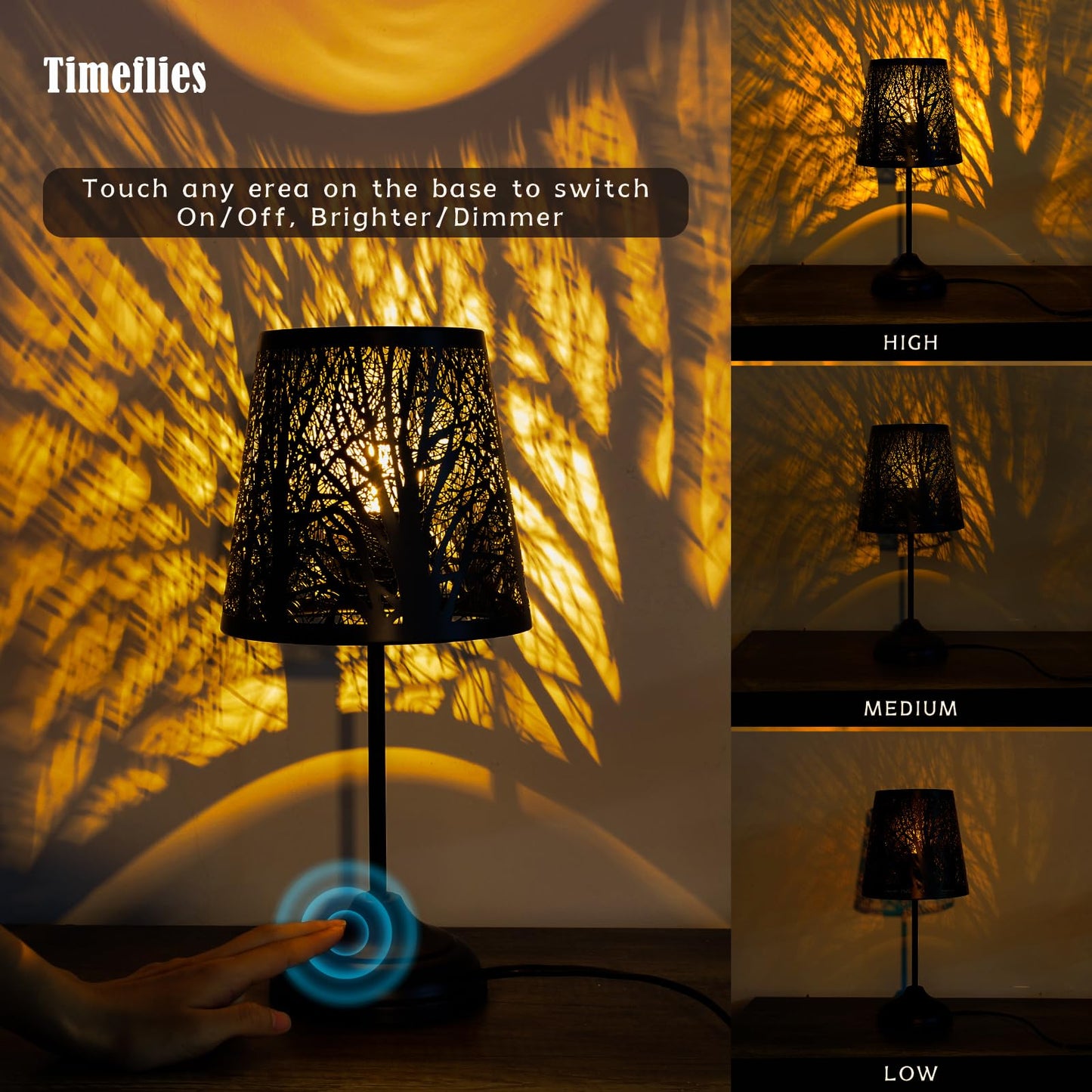 Table Lamp with Dimmer, 3 Levels Dimmable Touch Switch, Black Shadow Table Lamp, Cool Night Light for Kids, Bedroom Nightstands Lamp, Lamp for Living Room End Tables Halloween Room Decor
