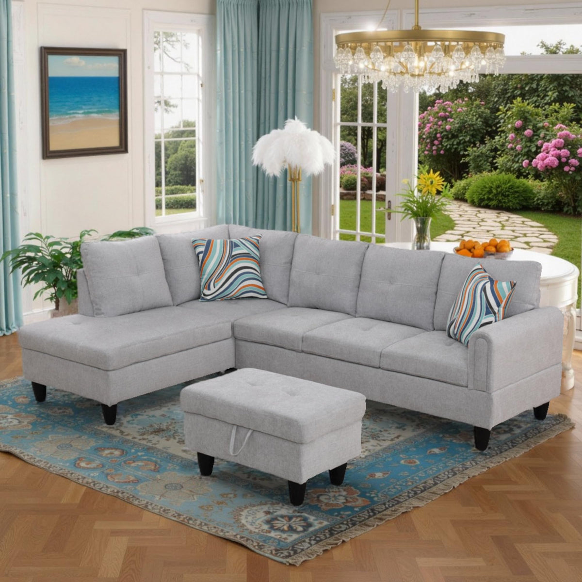 Trygoal 97" L Shaped Couch Sectional Couches with Chaise and Storage Ottoman, 3 Pieces Modular Convertible Sofa for Living Room Furniture Sets and Small Apartment, Grey