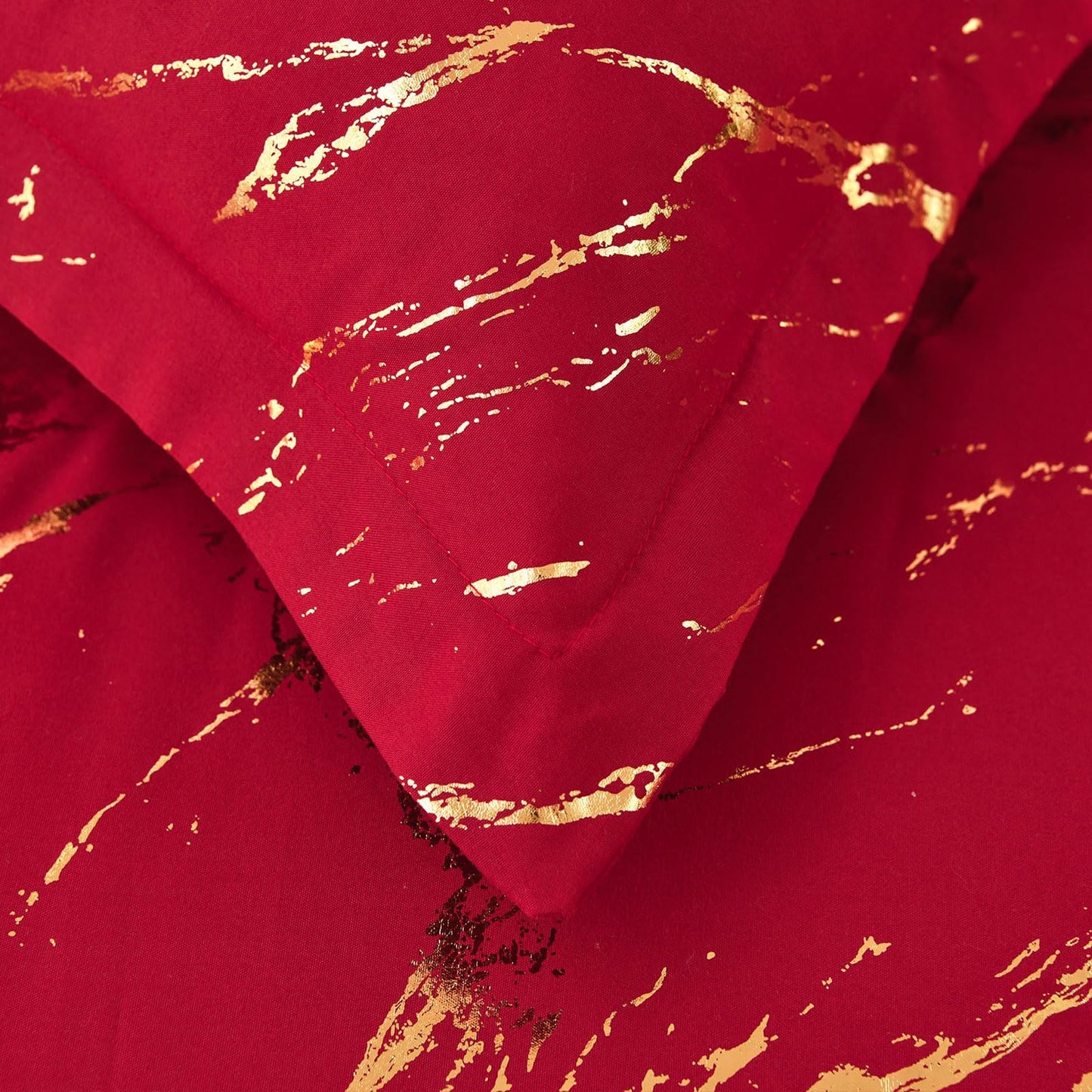 WONGS BEDDING Red Gold Metallic Marble Comforter Set Queen,Red Christmas Bedding Sets with 2 Pillowcases for All Seasons, Soft Microfiber Filling Bedding Duvet Set 90/inx90/in