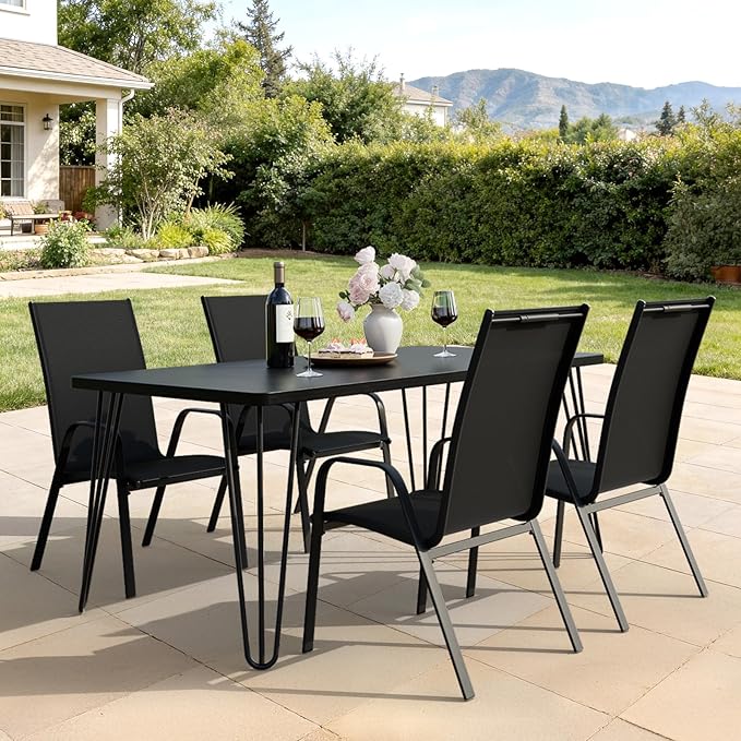 JEAREY Patio Dining Chairs Set of 4, Outdoor Stackable Dining Furniture Set, All Weather Dining Set for Lawn, Garden, Backyard, Poolside, Black