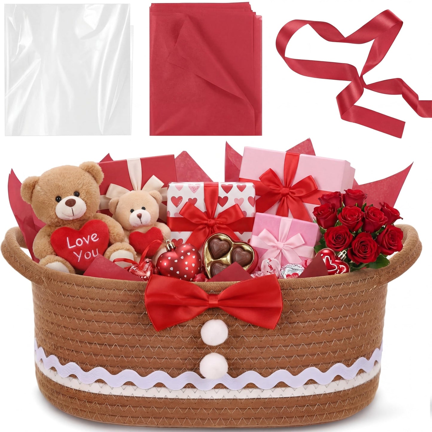 Zopeal Valentine's Day Woven Basket with Gift Bag, Ribbon and Red Tissue Paper Gingerbread Man Woven Bin Empty Shelf Basket Holiday Decorative for Xmas Gifts, 12 x 8 x 5 Inch