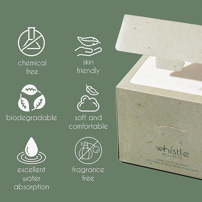 Whistle Wellness® Disposable Face Towel 10"×12", Resealable Box, Biobased Plant