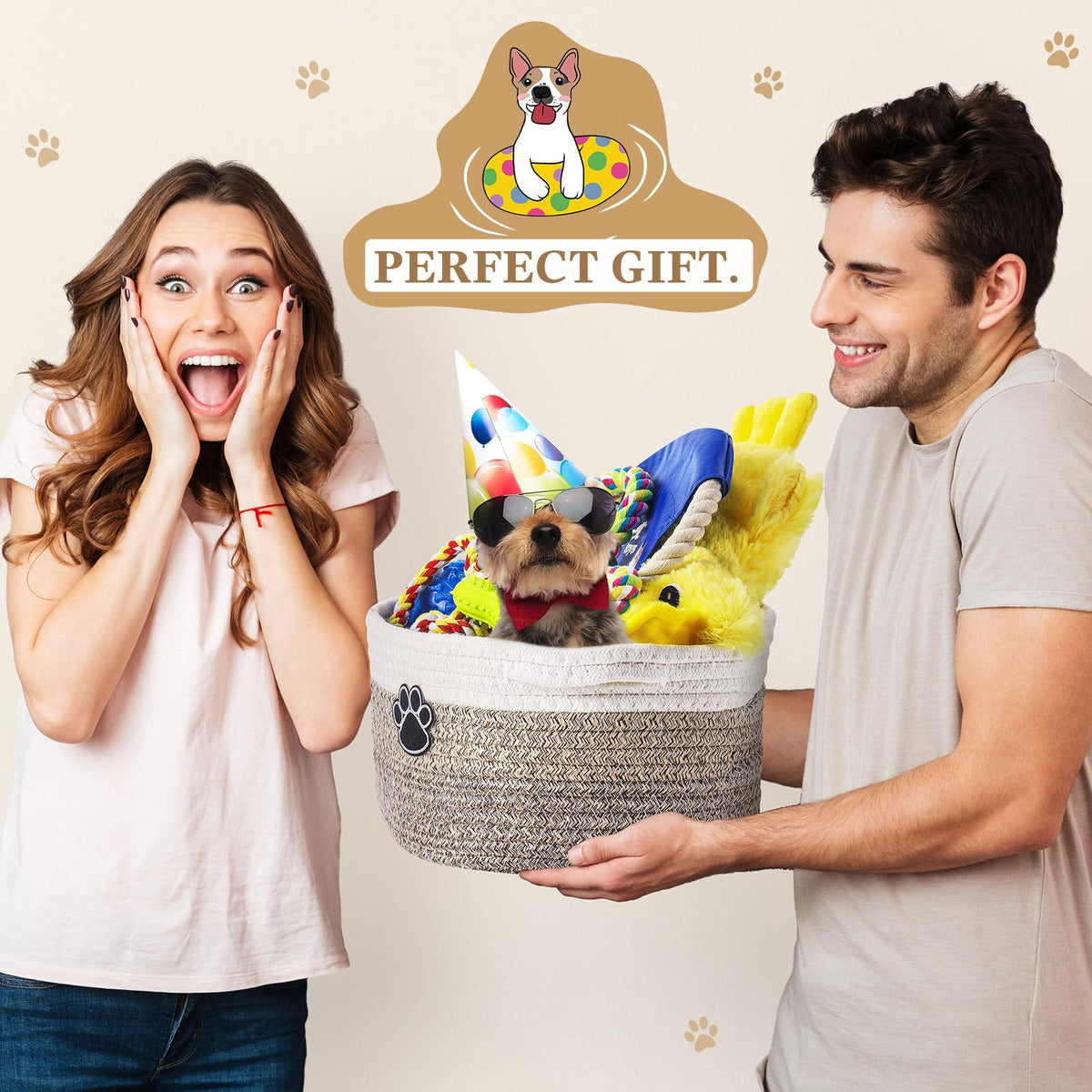 Zopeal Puppy Dog Toy Gift Storage Basket with Dog Toys Set Chew Toys Birthday Gift Basket Teething Interactive Squeaky Duck for Teething Small Medium Large Dogs(Khaki)