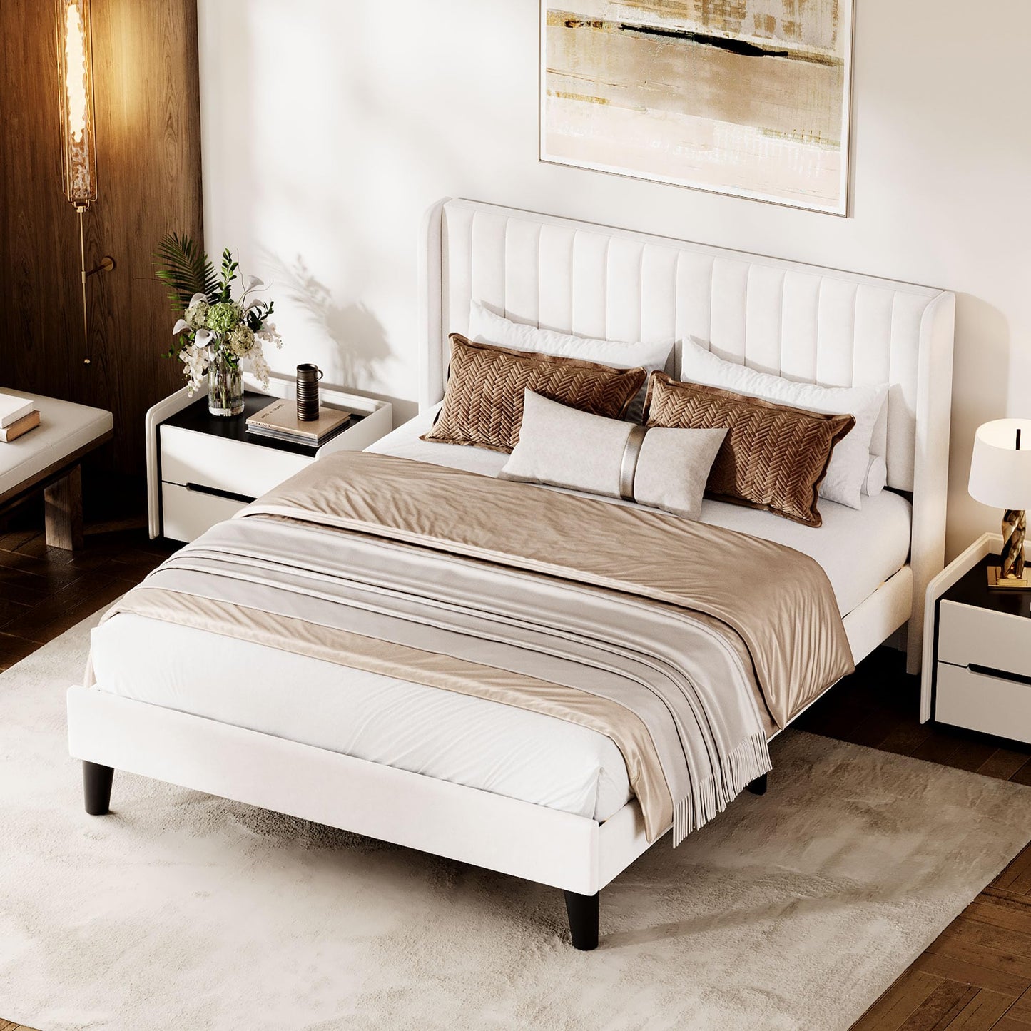 IDEALHOUSE Full Size Velvet Bed Frame/Vertical Channel Tufted Wingback Headboard/Upholstered Platform Bed/Wood Slats/No Box Spring Needed/Easy Assembly/White