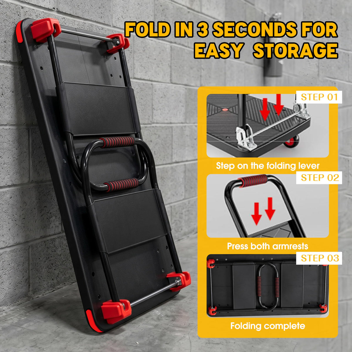 Platform Trucks Flatbed Cart Heavy Duty with 2 Handrails & 6 Rubber Wheels, Flat Dolly 2000lbs Capacity with Bungee Cord, 49.2"x27.56" Folding Hand Cart for Moving Furniture/Office/Warehouse/Garage