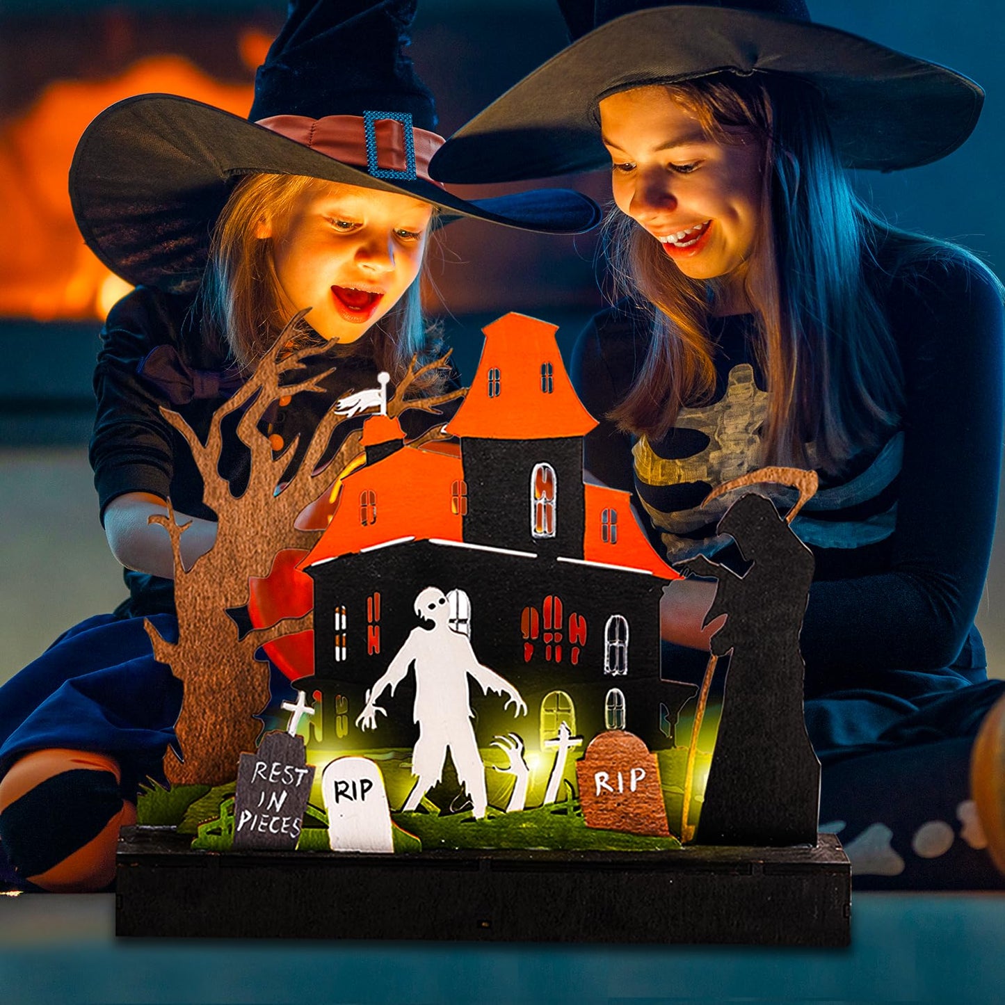 TrisolarSystem 2 Pieces Wooden Halloween Table Decorations Indoor, Festival Decoration Night Light, Witch Tombstone Castle Halloween Decor for Desk Table Fireplace Room Living Room Kitchen Office Bar