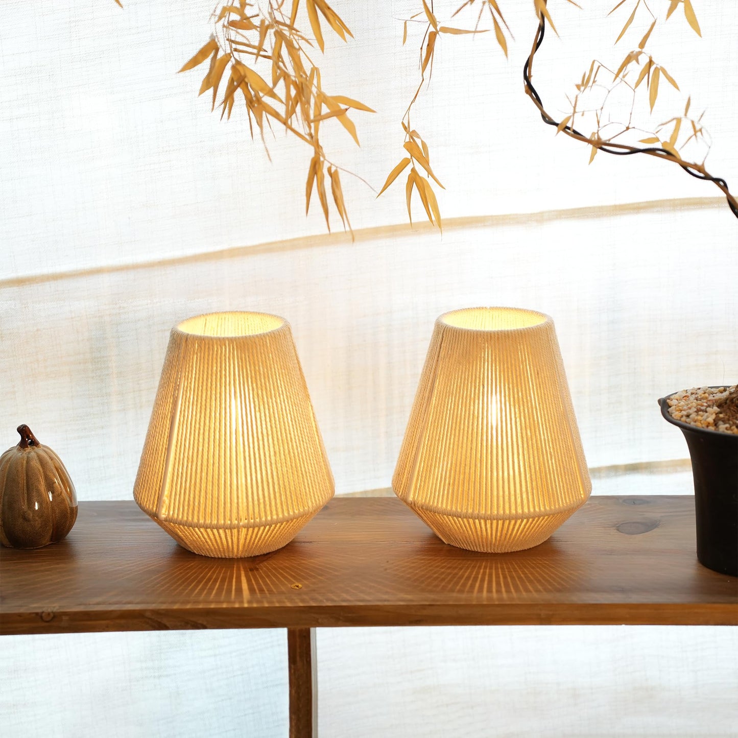 JHY DESIGN Set of 2 Woven Lampshade Table Lamps 8" H Cotton Rope Bedside Lights Cordless Decorative Battery Operated Lamps with 6 Hours Timer for Bedroom Living Room Home Parties Patio Events
