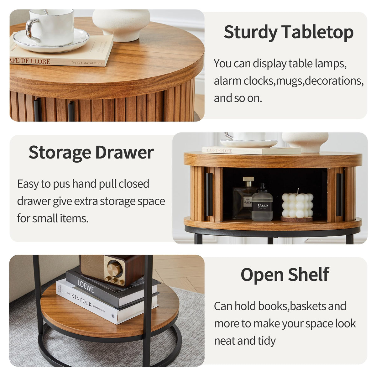 Turtle&Myrtle Small Round Side Table with Storage, 2-Tier Wooden End Table with Sliding Door and Shelf, Mid-Century Circle Nightstand for Living Room, Bedroom, Walnut, 2PC