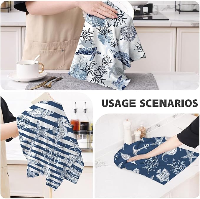 Blue Nautical Seahorse Corals Sea Turtle Kitchen Dish Towels Decorative Set of 4
