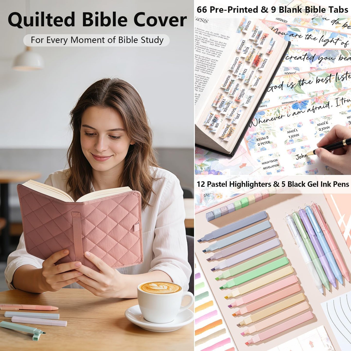 Large Bible Bag w/Bible Cover Case for Women, Puffer Bible Tote Bag Quilted Church Bag Book Carrying Case w/Shoulder Strap, Bible Study Supplies Journaling Kit Accessories Women Christian Easter Gift