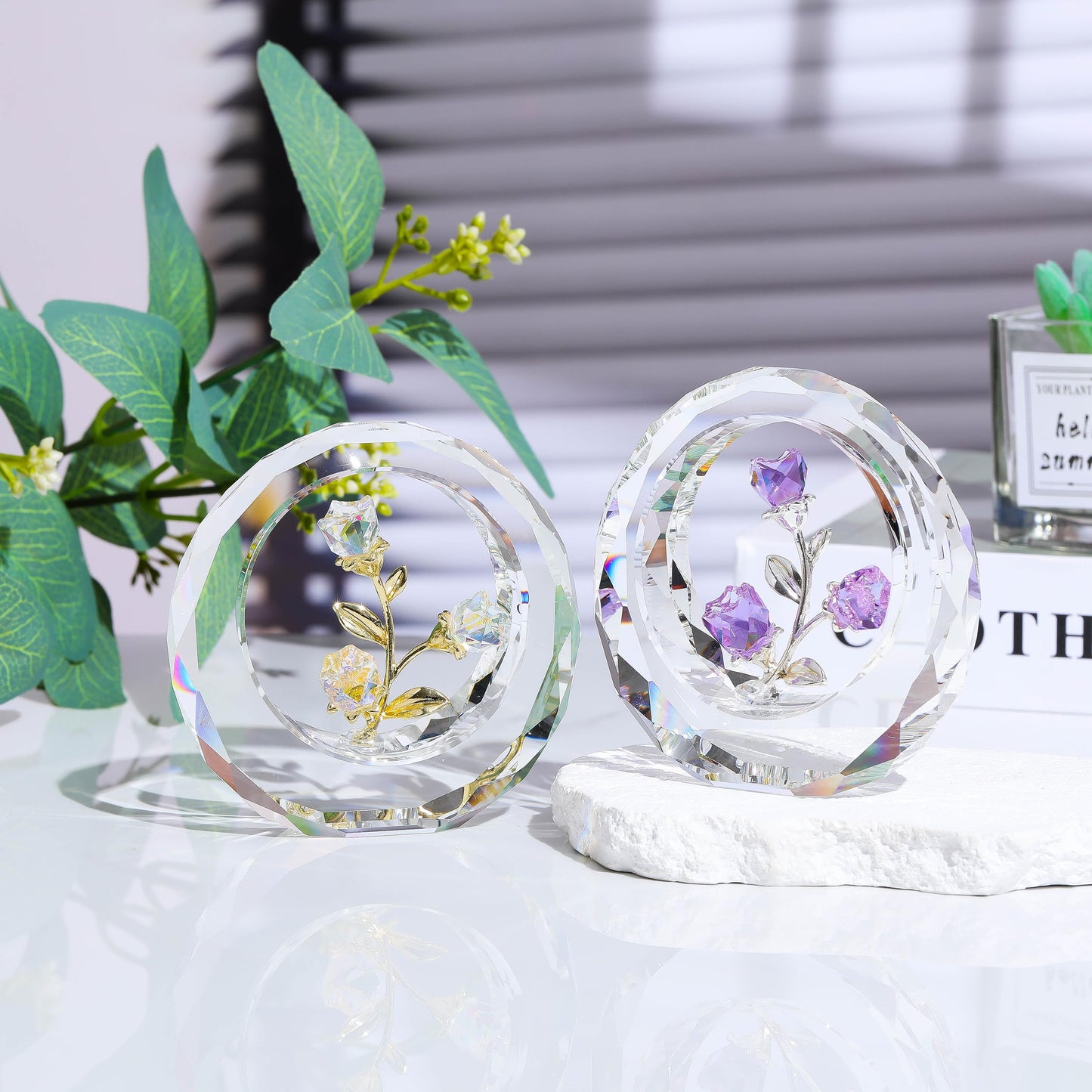 Purple Rose Flower Crystal Figurine with Vase - Bouquet Flowers Ornament Gifts for Wife Girlfriend Women - Handmade Crystal Flower Collectible Home Table Decor for Valentine's Day Wedding Anniversary