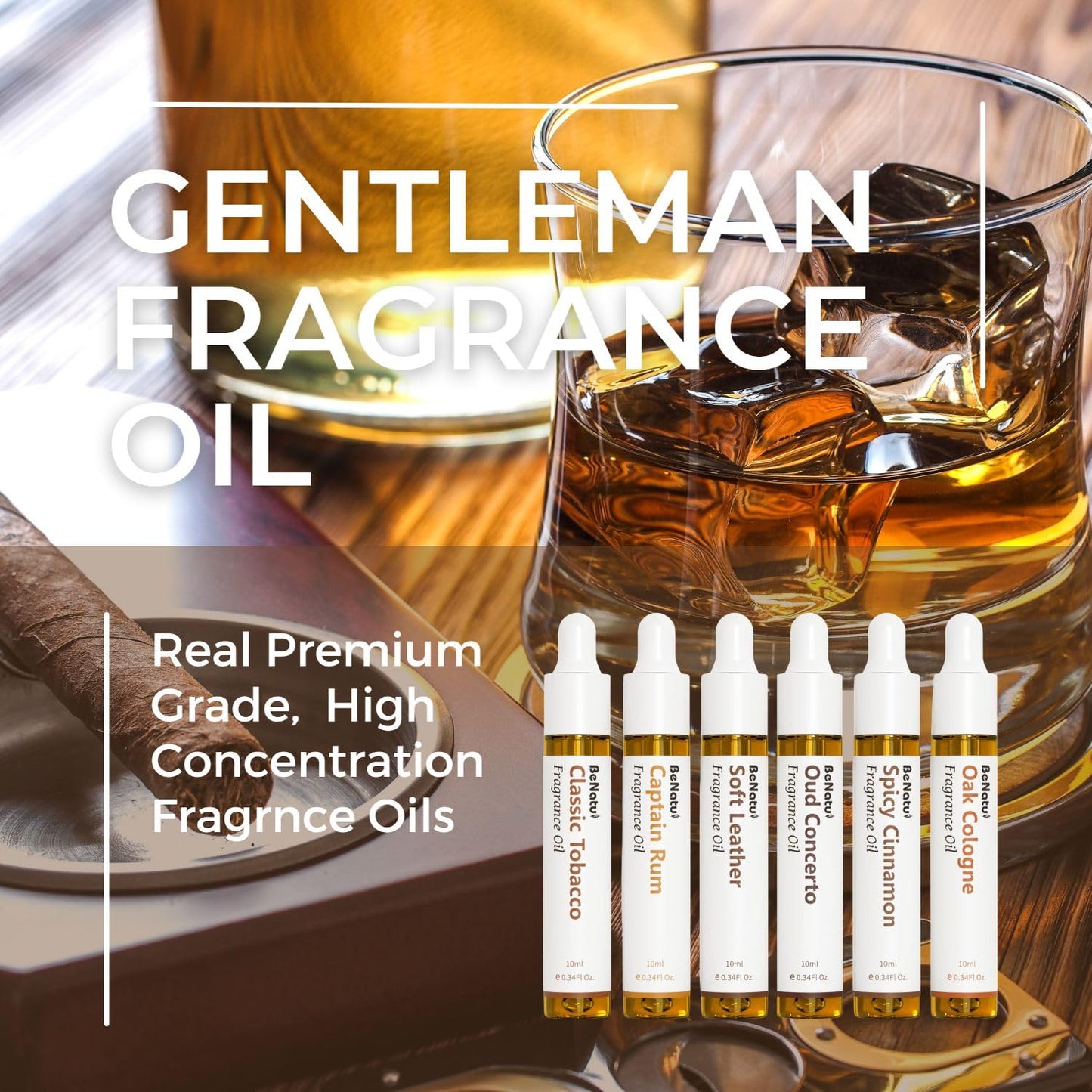Benatu Gentleman Premium Fragrance Oils Set for Diffuser, Candle, Soap Making - Men Scents Aromatherapy Perfume Oil Gift for Home (Tobacco, Rum, Leather, Ebony, Spice Cinnamon, Oak Cologne) 6 Pcs