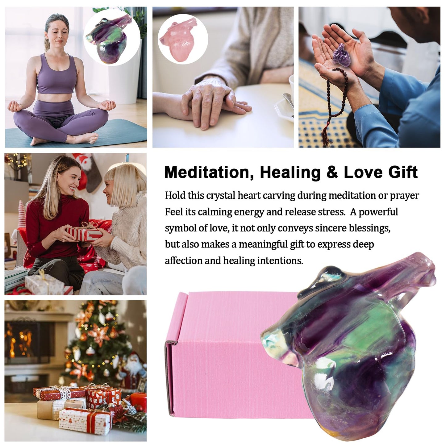Rainbow Fluorite Heart Crystal Figurines, 2.1 Inch Crystal Heart Love Statue for Home Decor, Meditation and Stress Relief, Hand Carved Natural Healing Stone Cardiac Sculpture Spiritual Gift for Women
