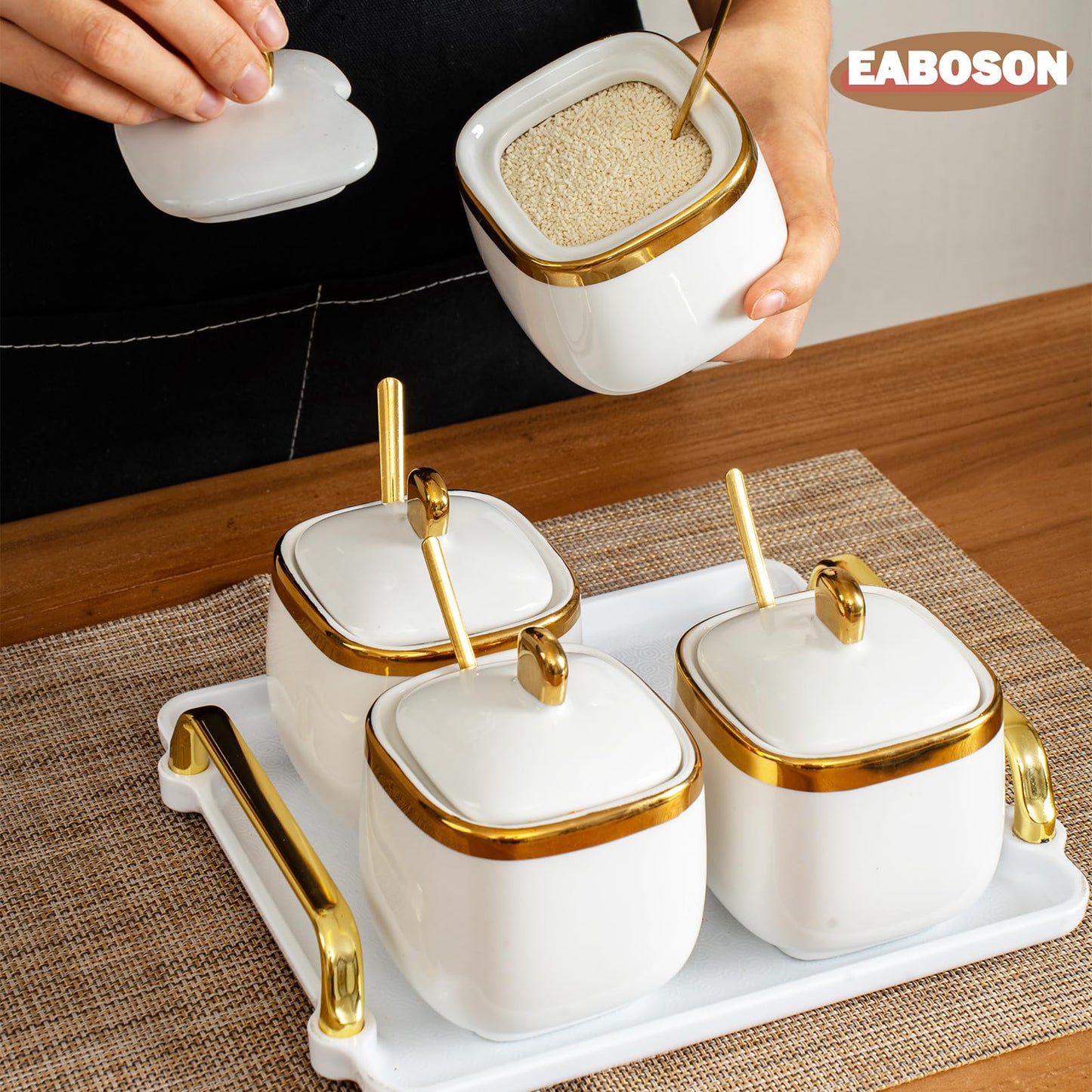 EABOSON 4 Pack Gold Condiment Spice Jars with Lids, Spoons, Tray - Ceramic Seasoning Box Set for Salt, Pepper, Sugar - Kitchen Storage