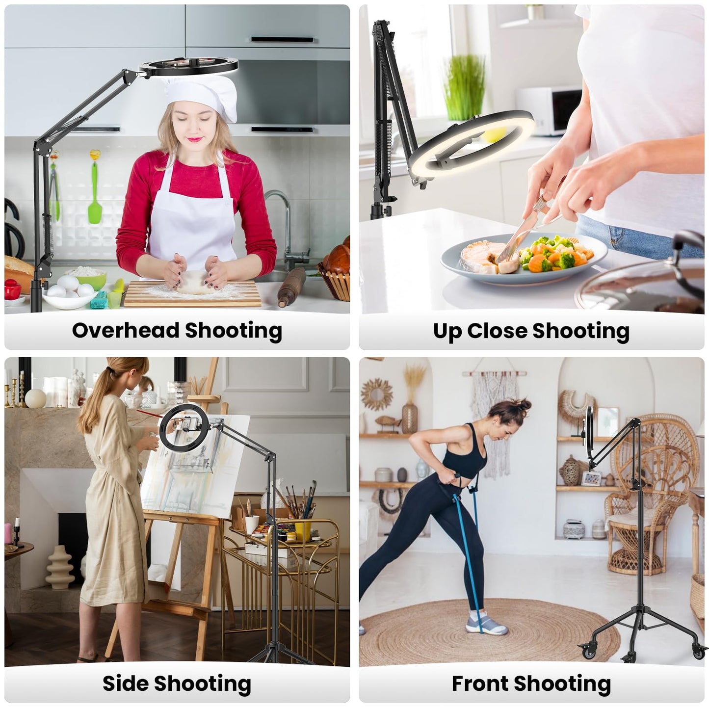 LUXSURE 10" Ring Light with Tripod Stand & Phone Holder Tall 175cm/69'', Movable Overhead Phone Mount with Casters, Overhead Tripod with Light for Cooking/Live Stream/Video Recording/Photography