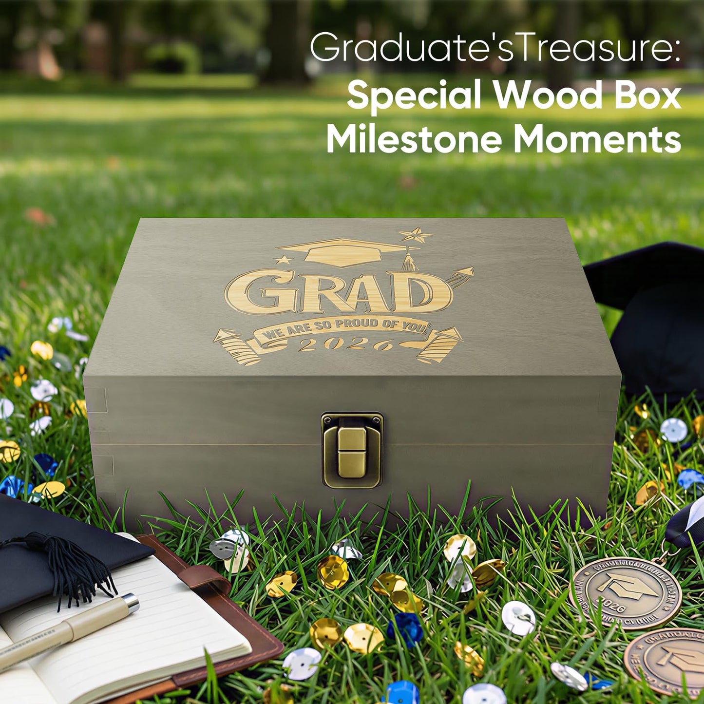 REMEIT Graduation Keepsake Box - Engraved Grad 2026 Wood Memory Box Congrats Grad Gift for Him Her, Perfect for Storing Graduation Memories & Mementos