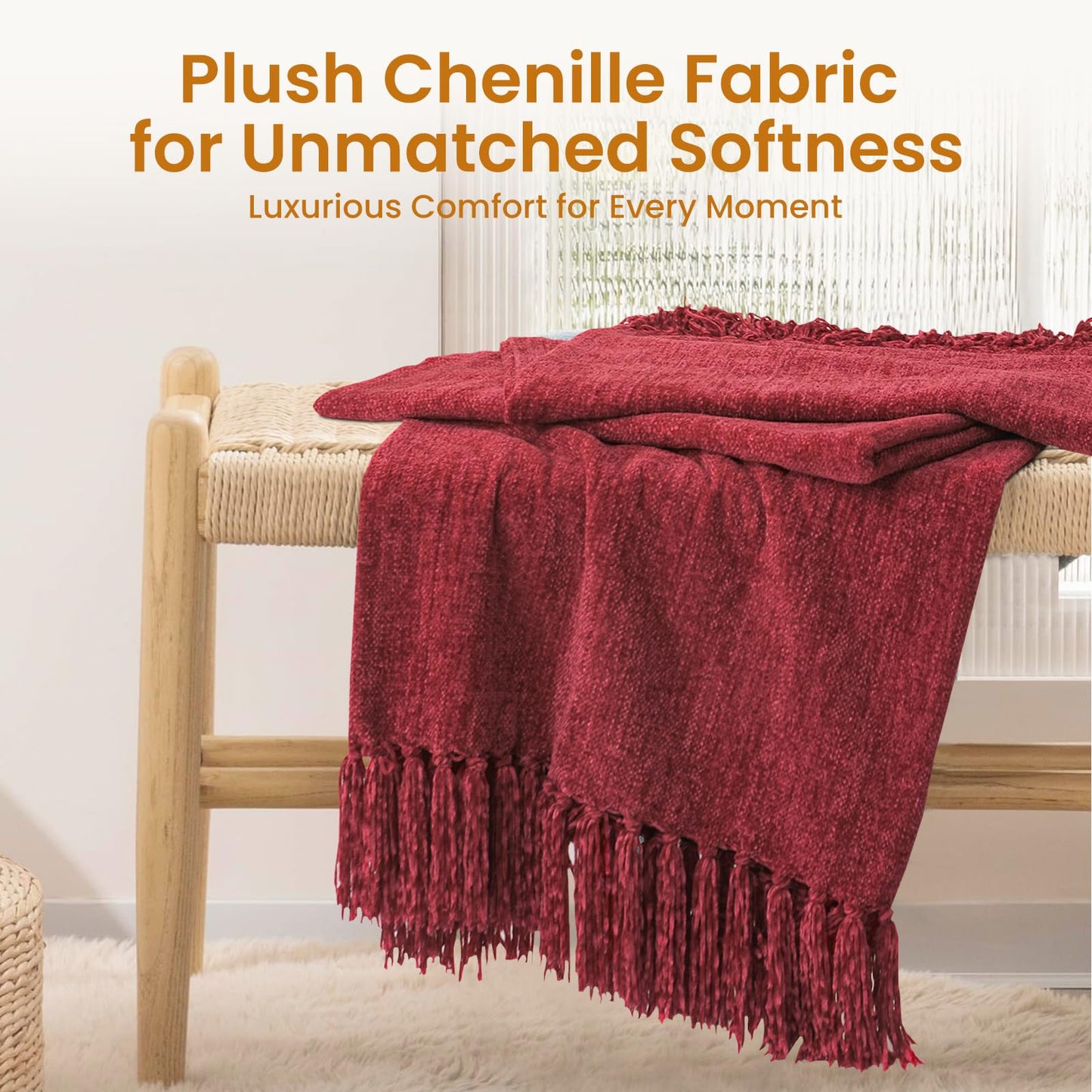 Yoenillo Burgundy Red Chenille Throw Blanket for Couch Bed,Soft Cozy Throw Blanket with Handmade Fringe, Decorative Blanket for Sofa Chair Living Room for Gift, (Burgundy Red)