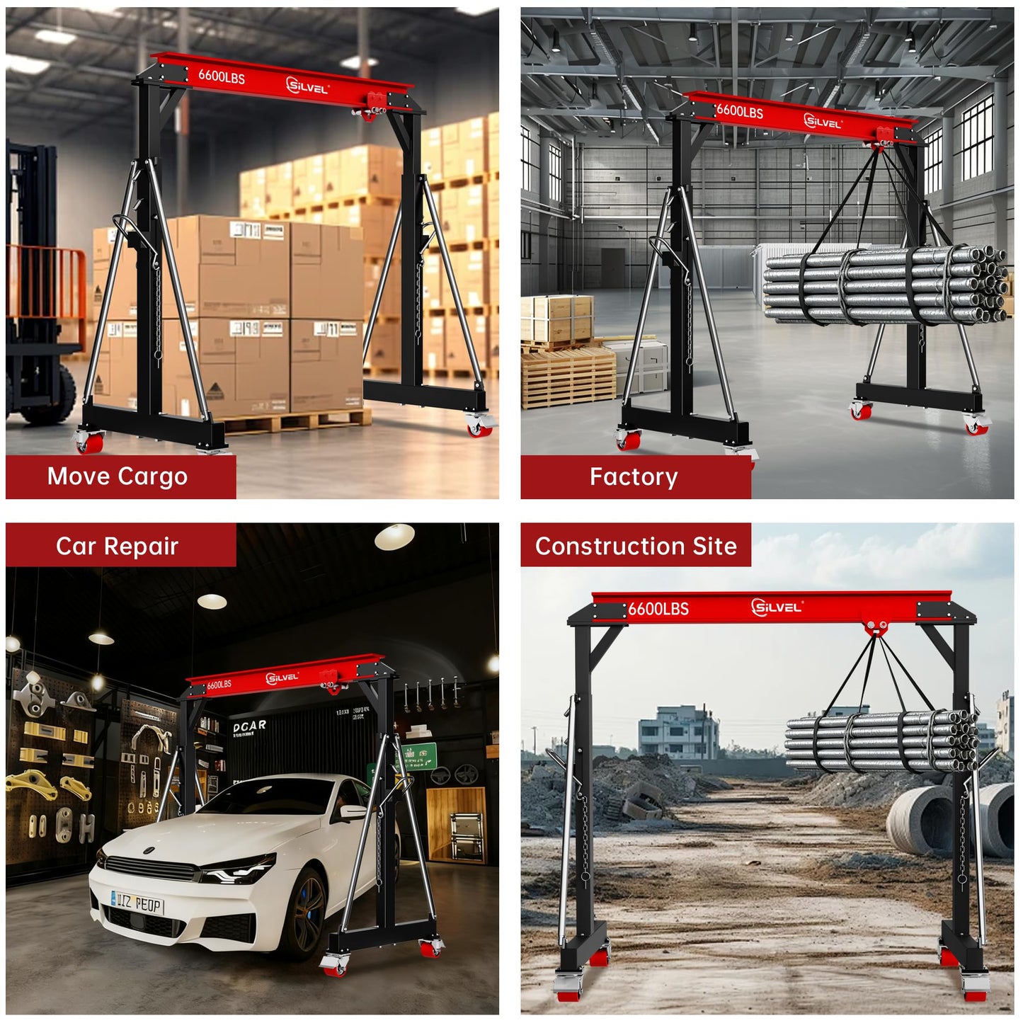 SILVEL 3 Ton 6600Lbs Gantry Crane, 8.53FT Maximum Capacity Width, Adjustable Height 8.53-12.47FT, Portable Shop Lift Hoist with 3 Ton Manual Trolley for Factories, Warehouses, Garage, Red