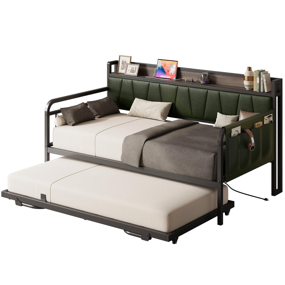 LIKIMIO Twin Daybed, Day Bed with Trundle, Storage Upholstered Headboard and Charging Station, Trundle Bed with Strong Supports for Living Room, Bedroom, and Guest Room, Dark Green