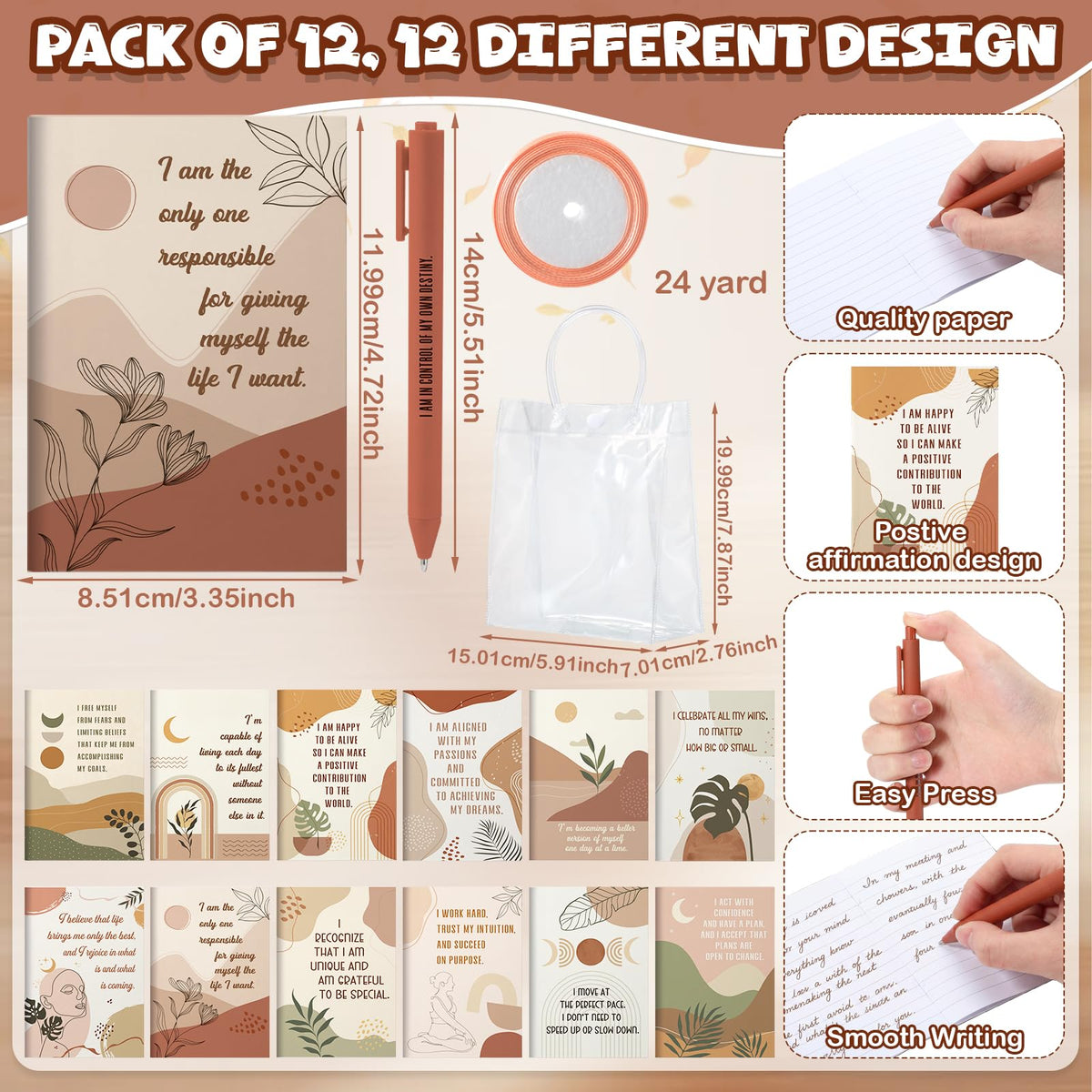 Kosiz 36 Pcs Boho Positive Affirmation Gift Set for Women, 12 Gratitude Notebooks 12 Plastic Cups with Lids Straws 12 Gift Bags, Mother's Day Thank You Gifts for Teachers Nurses Employee Coworker
