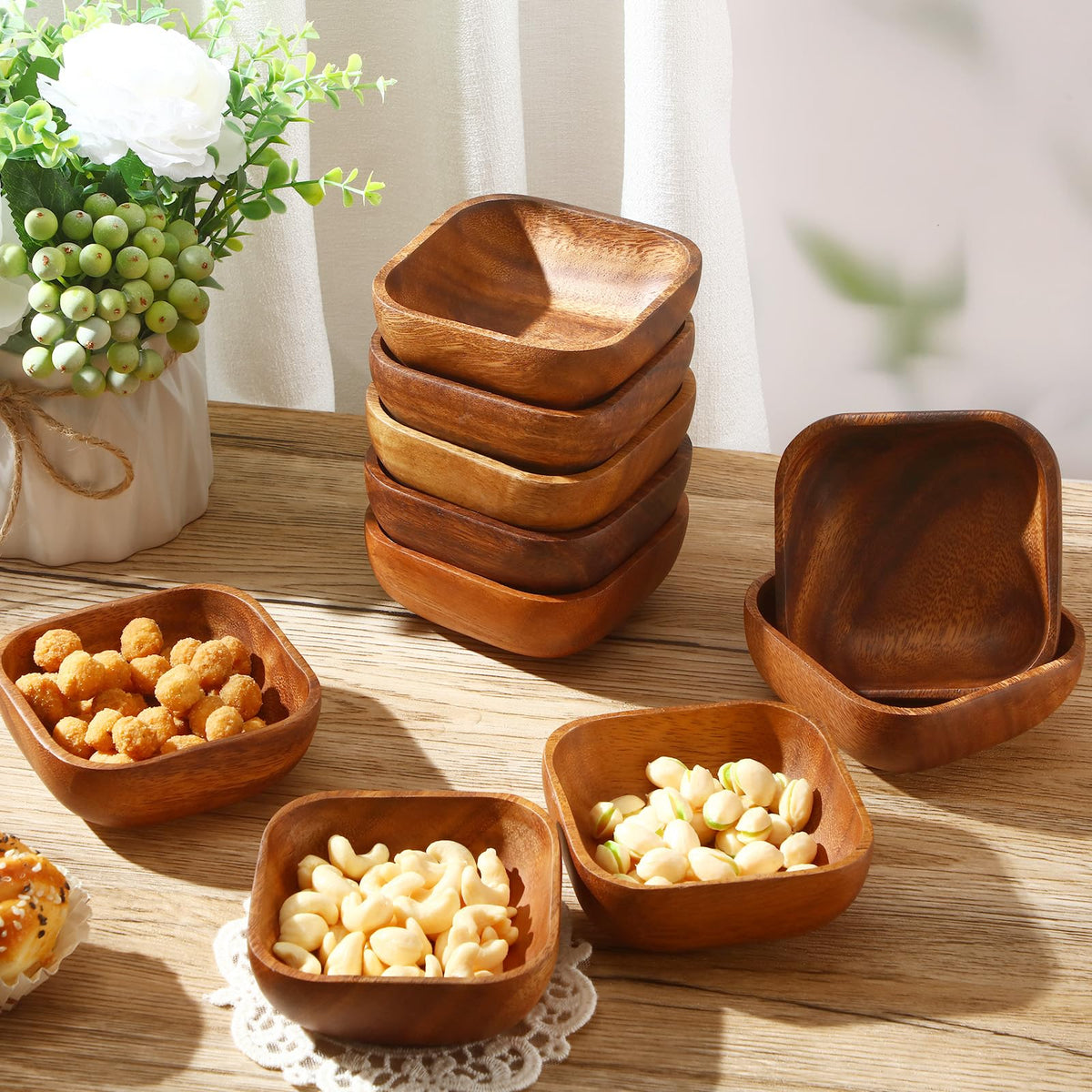 FillTouch 6 Pcs Natural Acacia Wooden Bowl Small Square Wood Serving Bowl 4 x 4 x 1.6 Inch Handmade Calabash Dessert Mini Wooden Container for Kitchen Appetizers Candy Fruits Dips Sauce Seeds Snack