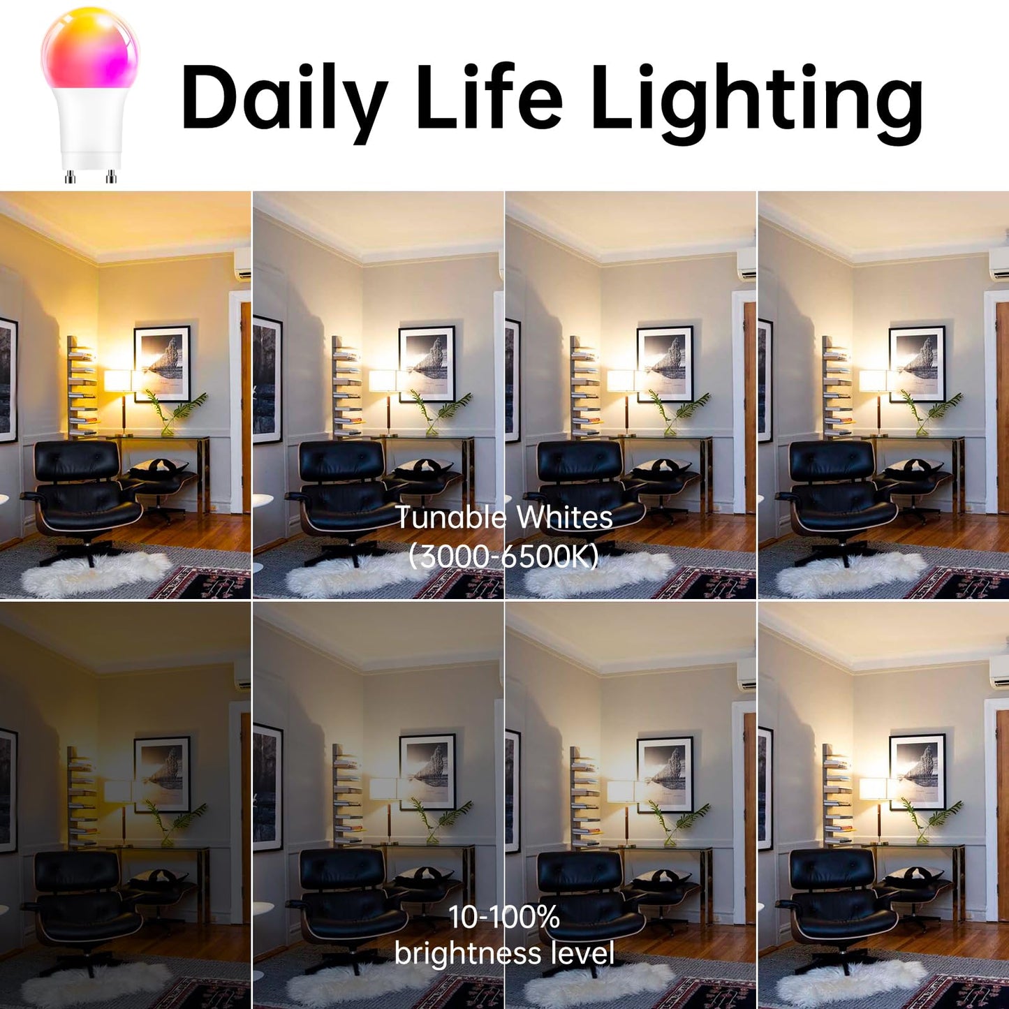 GU24 Smart Led Light Bulbs,4 Pack,A19 12W 1200LM Smart Bluetooth 2 Prong Led Light bulb,Dimmable Music Sync RGBCW Color Changing LED Bulb,2700K-6500K Dimmable ,APP Control(Not Support Alexa)